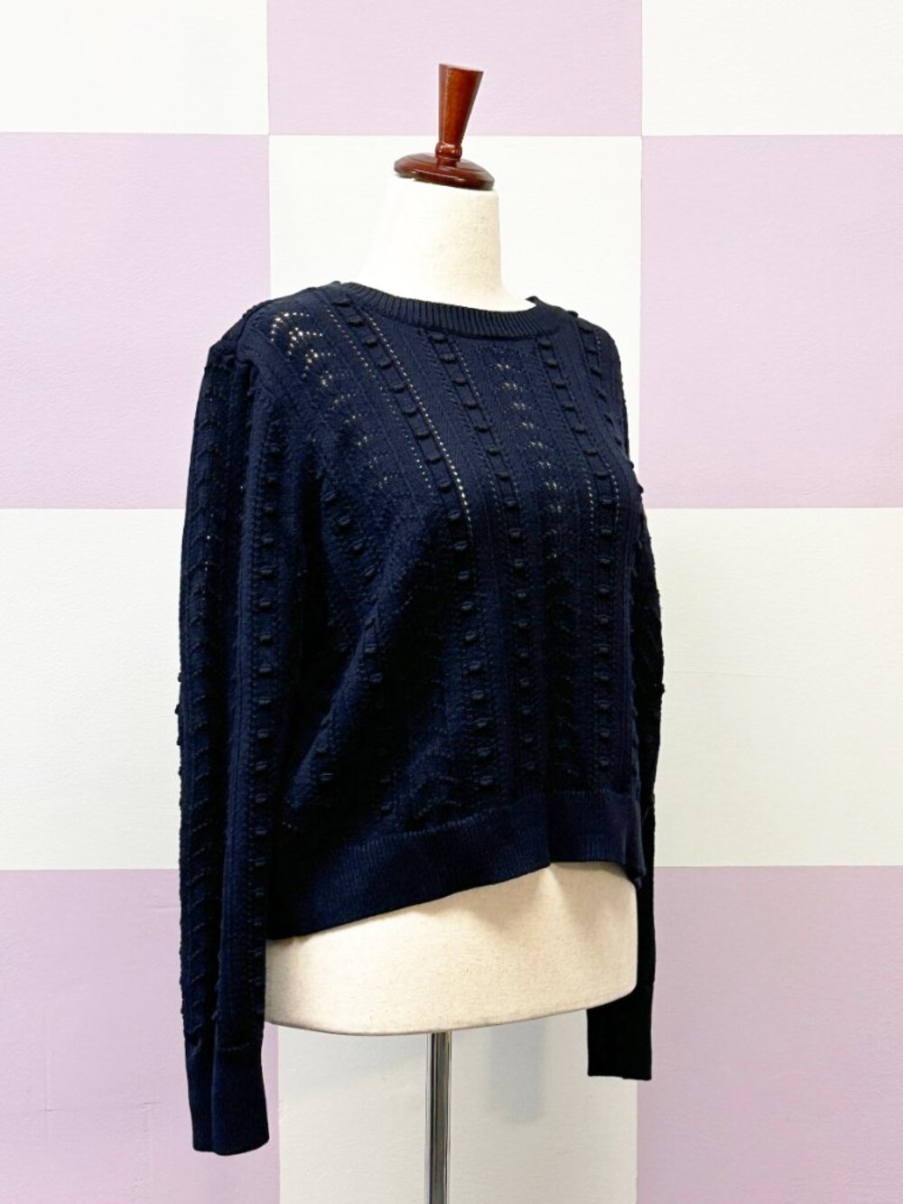 LOFT cropped pointelle bobble-stitched cotton knit sweater in navy blue NWT